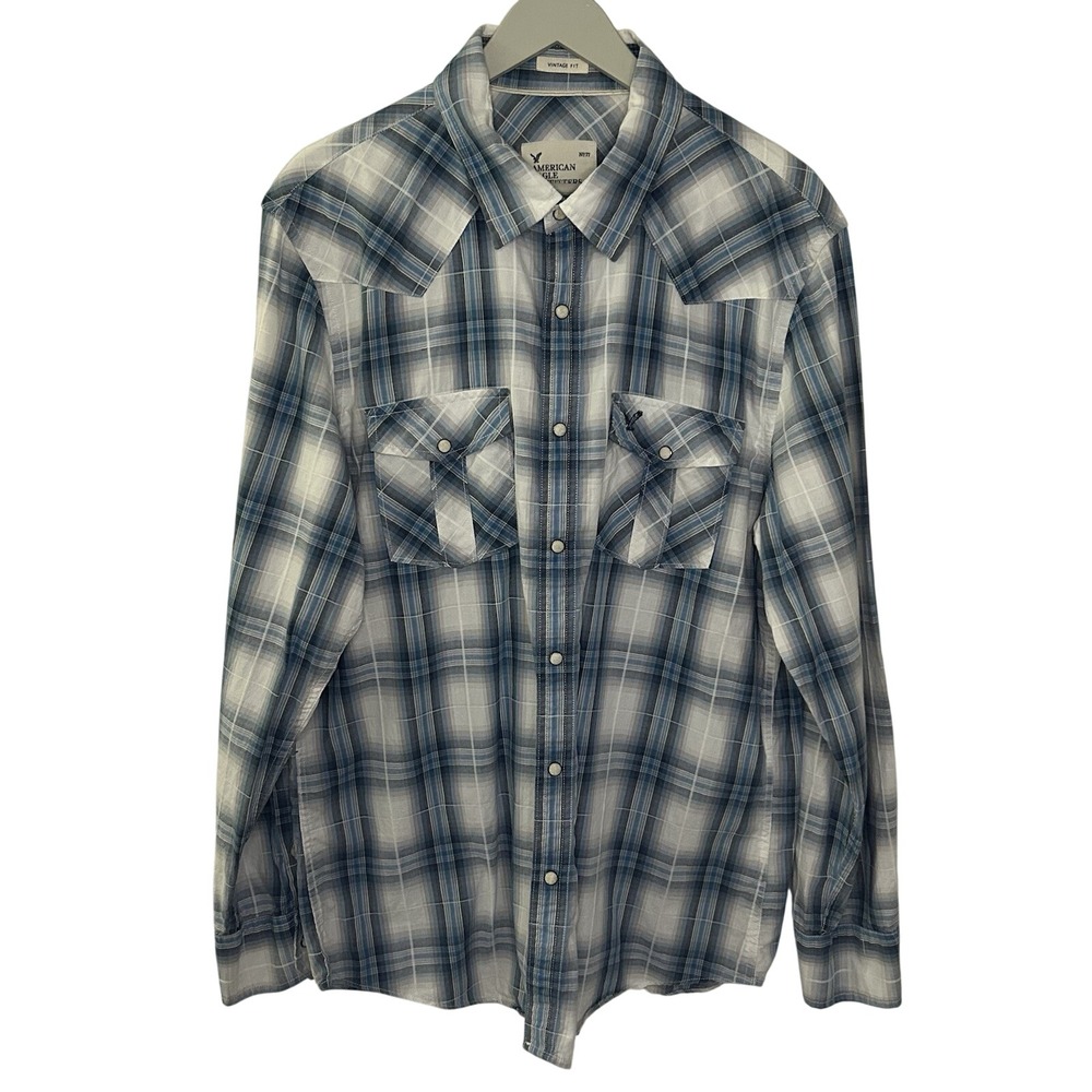 American Eagle Outfitters Men's Pearl Snap Blue Plaid‎ Vintage Fit Western XL